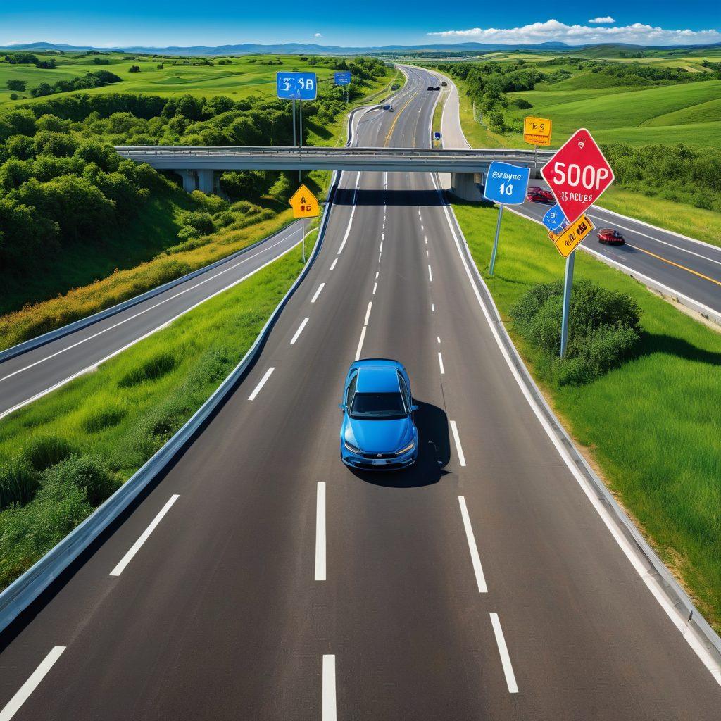 A visually striking illustration featuring a highway with various road signs displaying different discount percentages like 20%, 30%, and 50%. Include a car driving with a large price tag showing a slash through the original cost. Make the background vibrant with a sunny sky and green landscapes to evoke a sense of freedom and savings. super-realistic. vibrant colors. white background.