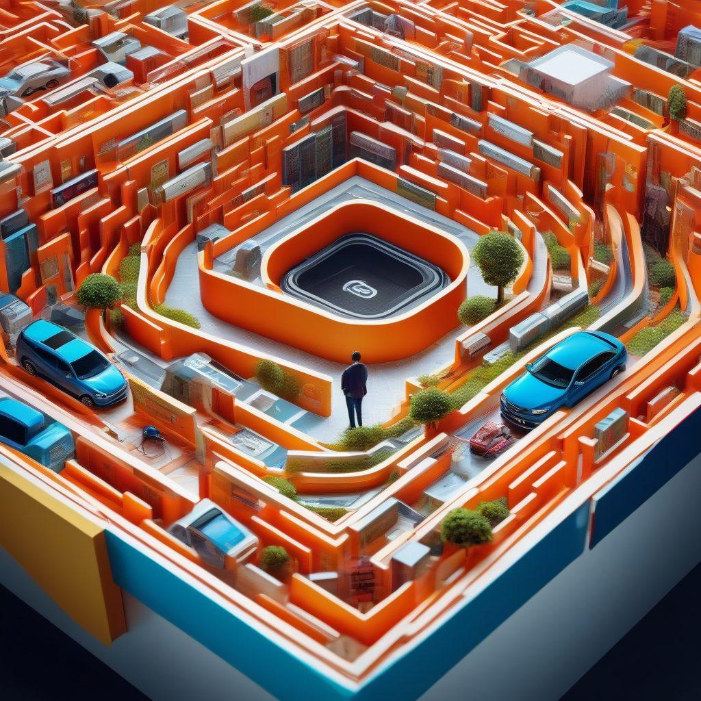 A labyrinth made of insurance documents and car models, with a person holding a magnifying glass, exploring for the best car insurance deals. Bright and engaging colors enhance the sense of adventure. Icons of discounts and comparisons hover around. super-realistic. vibrant colors. 3D.