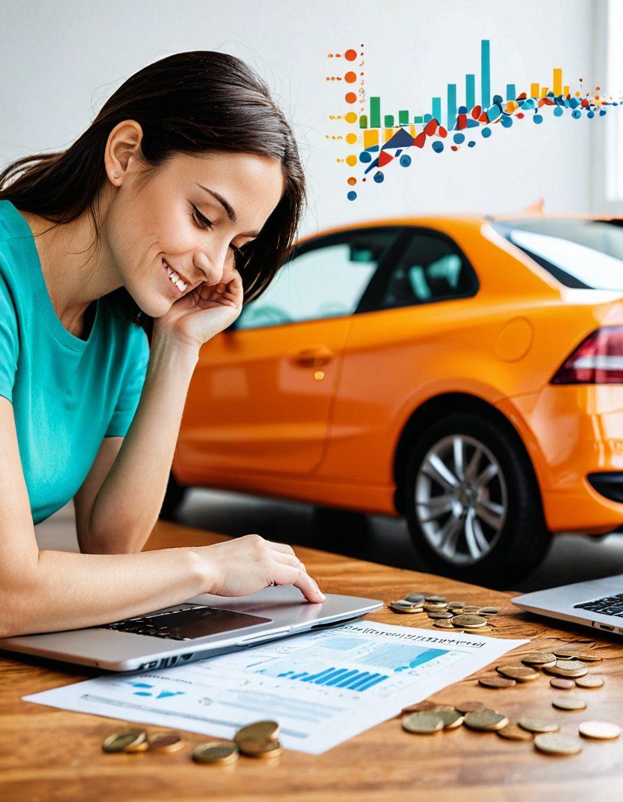 A split image showcasing a person using a laptop to compare car insurance quotes on one side, and a visual representation of savings on premiums represented as coins and a piggy bank on the other side. Include a car in the background and graphs depicting savings. The scene should be dynamic and inviting, with bright colors and a clean layout. vector art. vibrant colors.